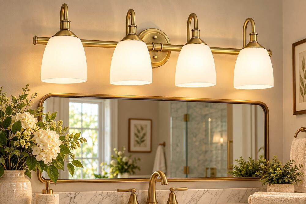 4-Light Champagne Bronze Bathroom Vanity Light – Milk White Glass Shades